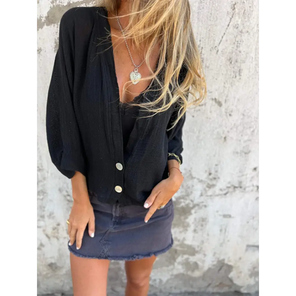 Casual Cotton-Linen V-Neck Blouse – Roman – view 3