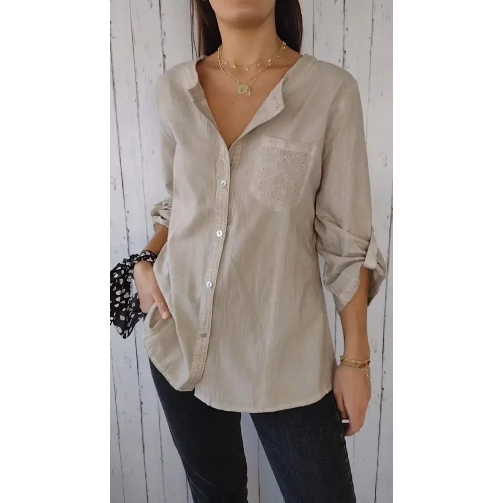 Casual Cotton-Linen Crewneck Shirt with 3/4 Sleeves – Clover – Apricot