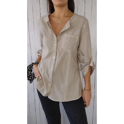 Casual Cotton-Linen Crewneck Shirt with 3/4 Sleeves – Clover – Apricot