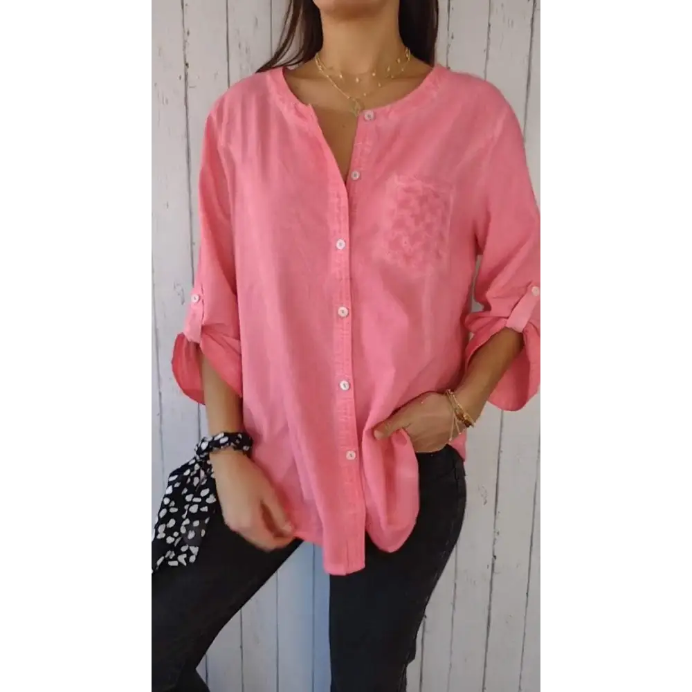 Casual Cotton-Linen Crewneck Shirt with 3/4 Sleeves – Clover – Pink