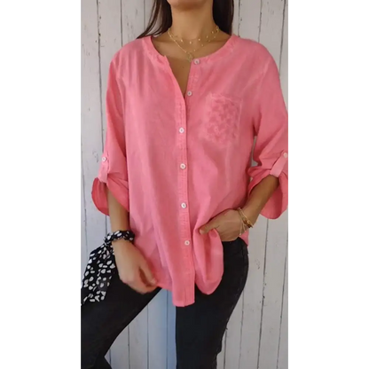 Casual Cotton-Linen Crewneck Shirt with 3/4 Sleeves – Clover – Pink