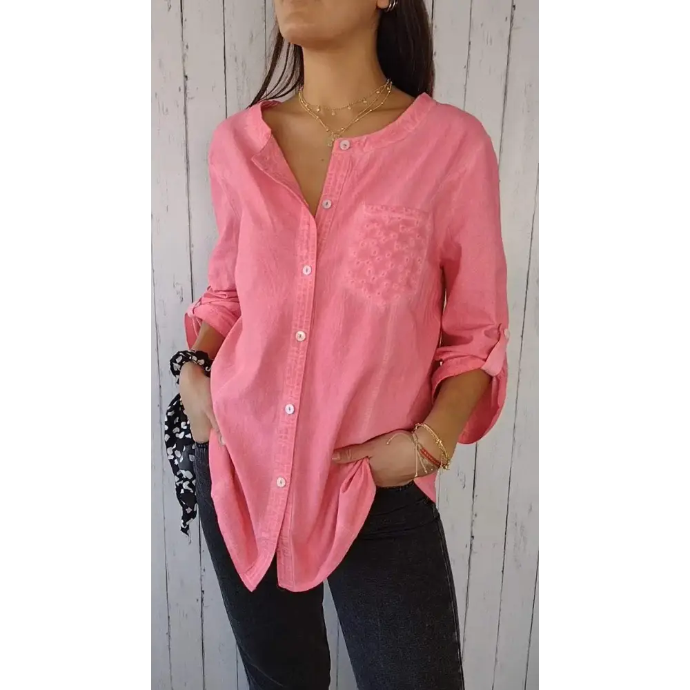 Casual Cotton-Linen Crewneck Shirt with 3/4 Sleeves – Clover – view 3