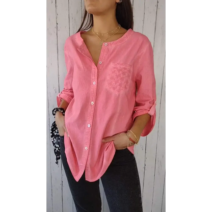 Casual Cotton-Linen Crewneck Shirt with 3/4 Sleeves – Clover – view 3