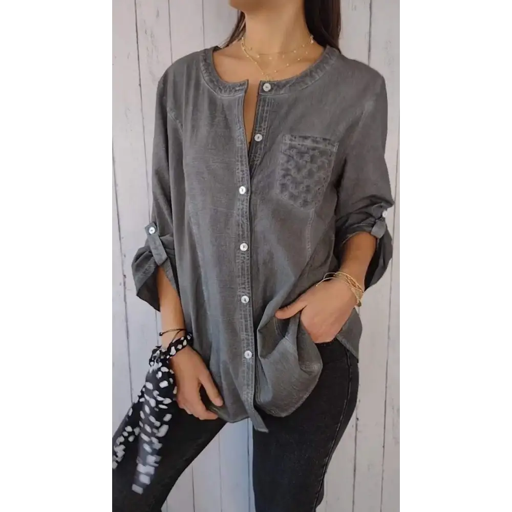 Casual Cotton-Linen Crewneck Shirt with 3/4 Sleeves – Clover – Gray