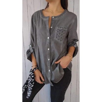 Casual Cotton-Linen Crewneck Shirt with 3/4 Sleeves – Clover – Gray