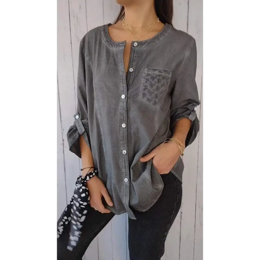 Casual Cotton-Linen Crewneck Shirt with 3/4 Sleeves – Clover – Gray