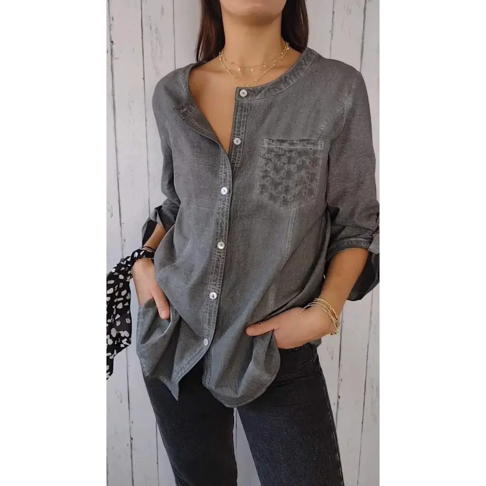 Casual Cotton-Linen Crewneck Shirt with 3/4 Sleeves – Clover