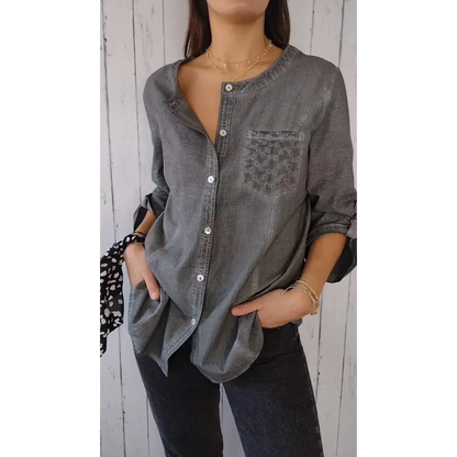 Casual Cotton-Linen Crewneck Shirt with 3/4 Sleeves – Clover