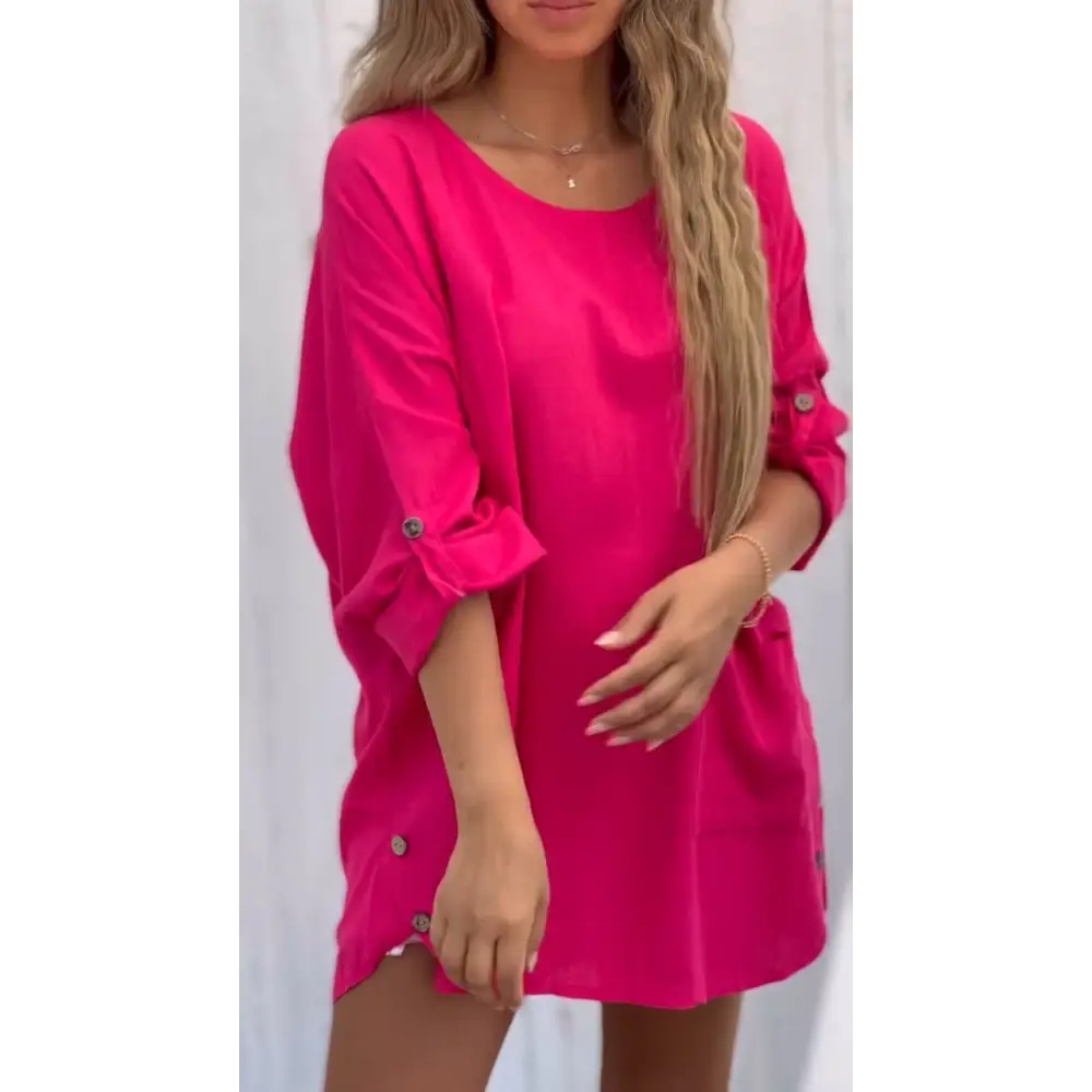 Solid Cotton-Linen Crewneck Blouse with 3/4 Sleeves – Winter – Pink