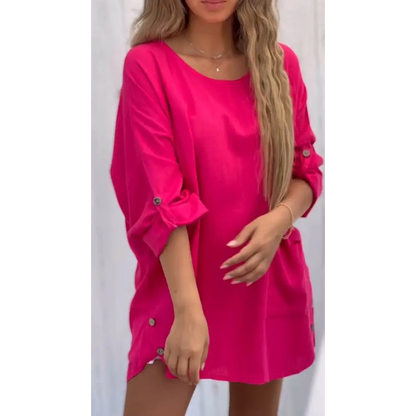 Solid Cotton-Linen Crewneck Blouse with 3/4 Sleeves – Winter – Pink