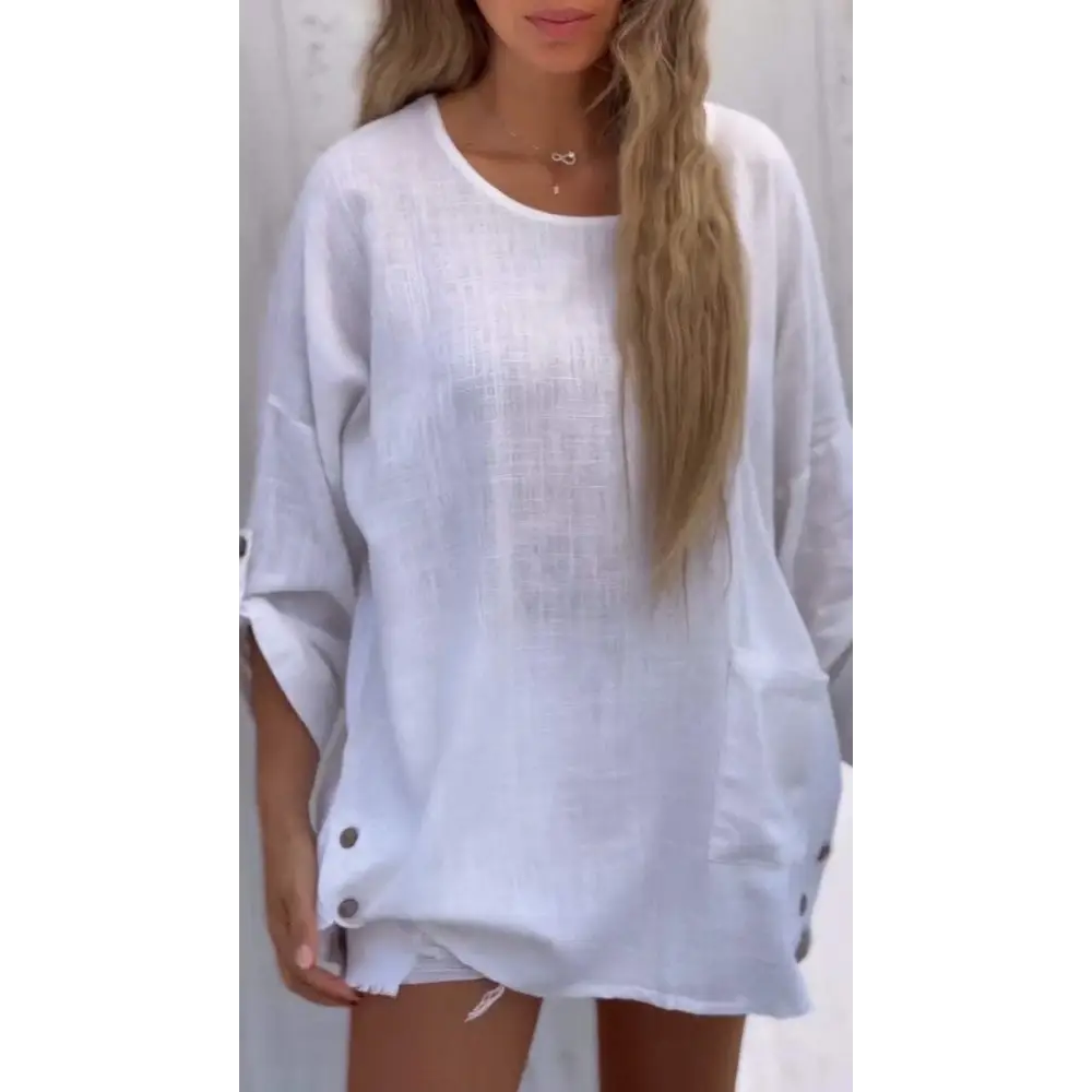 Solid Cotton-Linen Crewneck Blouse with 3/4 Sleeves – Winter