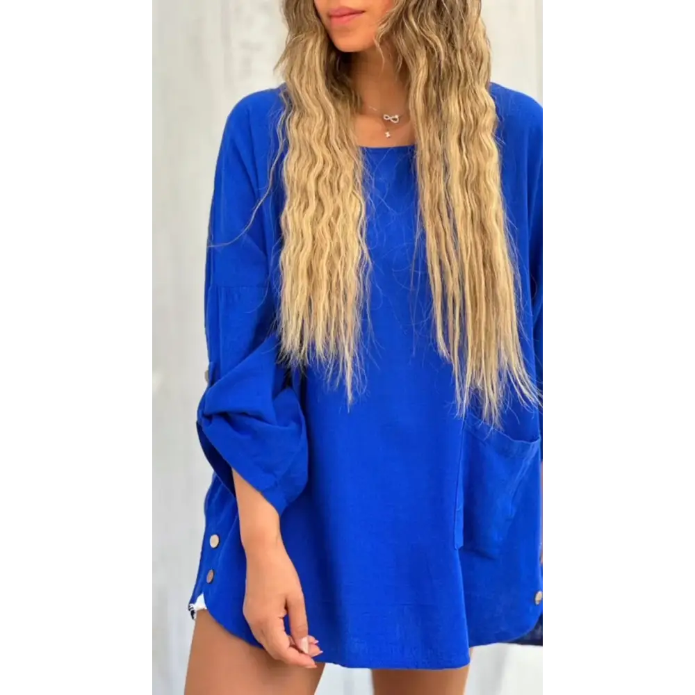 Solid Cotton-Linen Crewneck Blouse with 3/4 Sleeves – Winter – Blue