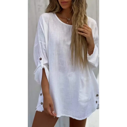 Solid Cotton-Linen Crewneck Blouse with 3/4 Sleeves – Winter – White