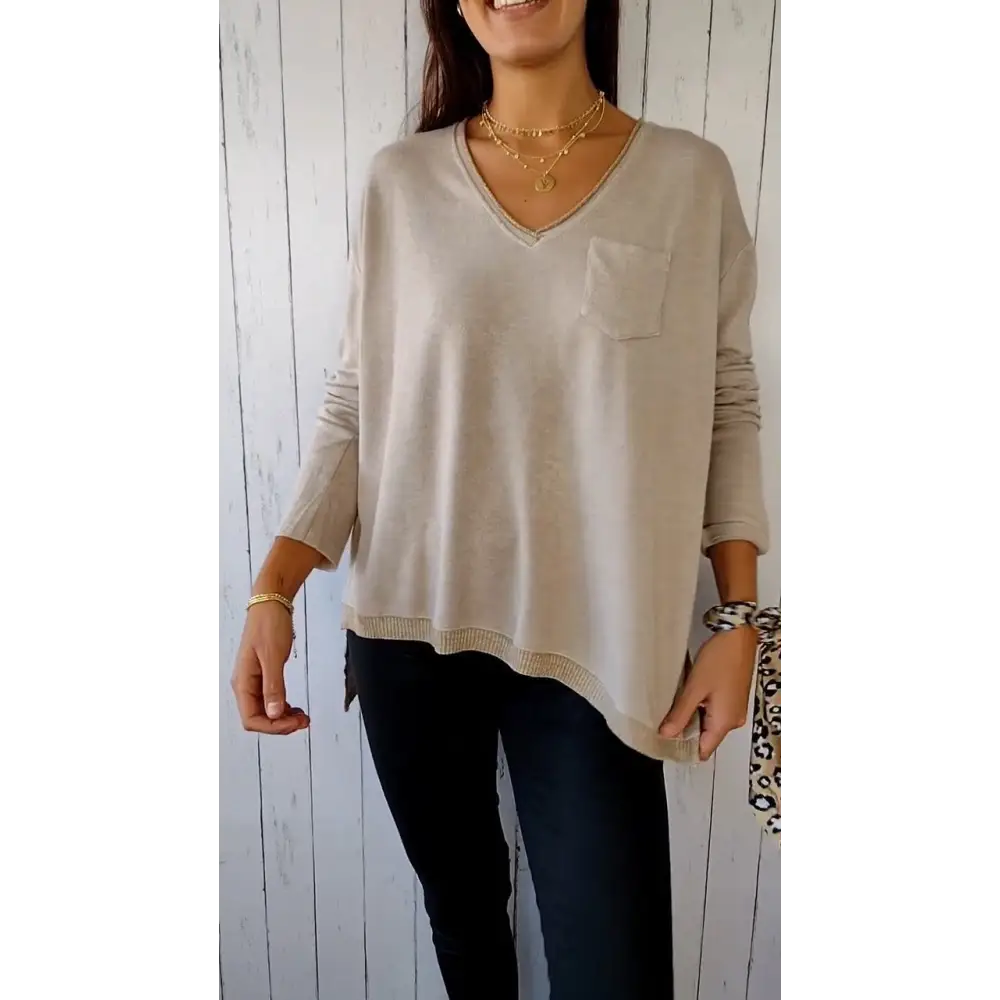 Casual Knit Long-Sleeve V-Neck Blouse – Frances