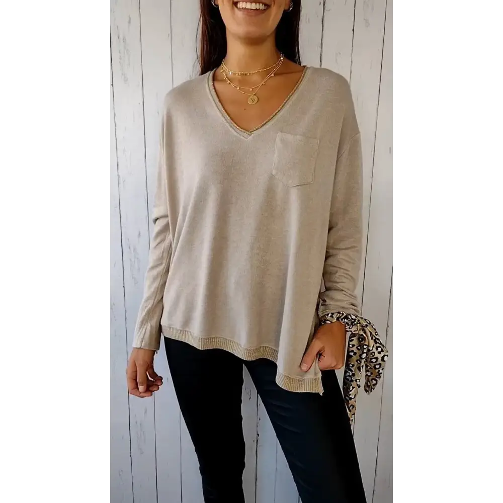 Casual Knit Long-Sleeve V-Neck Blouse – Frances – Apricot