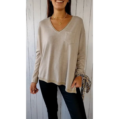 Casual Knit Long-Sleeve V-Neck Blouse – Frances – Apricot