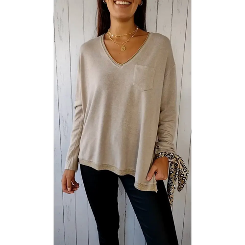 Casual Knit Long-Sleeve V-Neck Blouse – Frances – Apricot