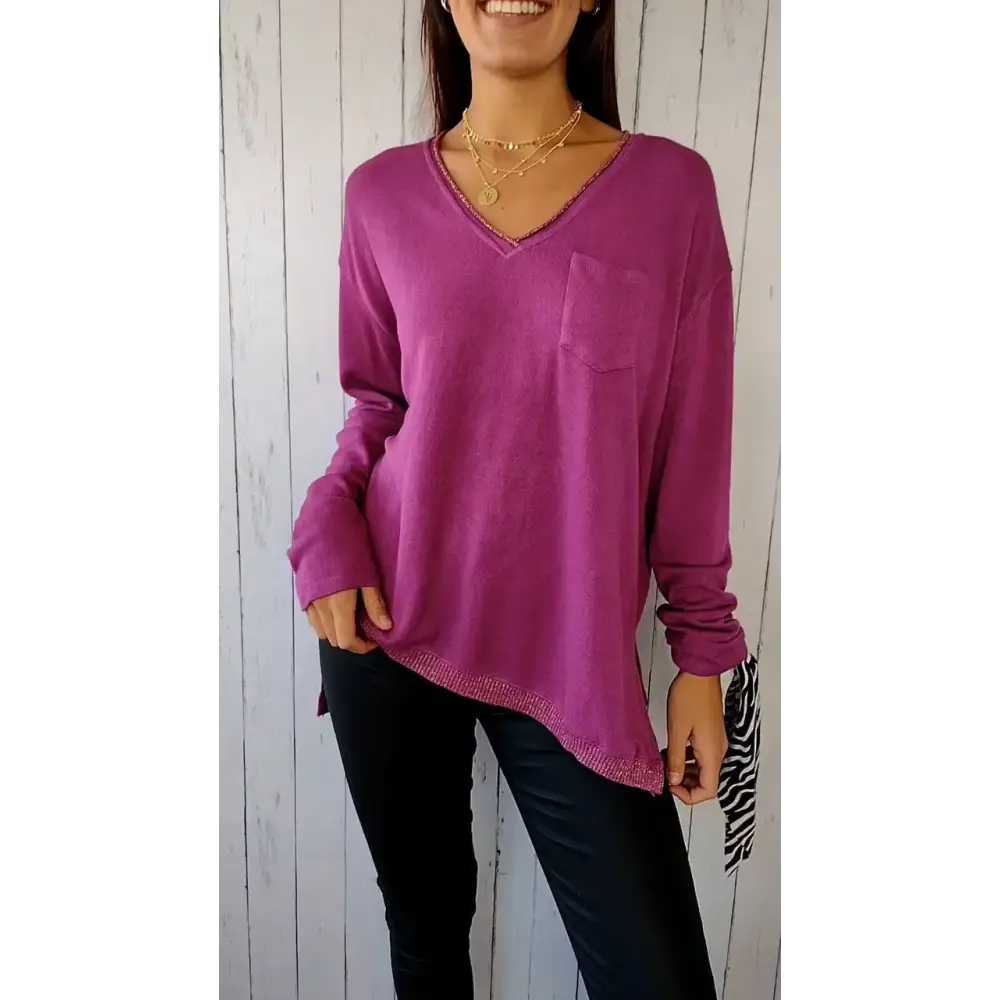 Casual Knit Long-Sleeve V-Neck Blouse – Frances – Purple