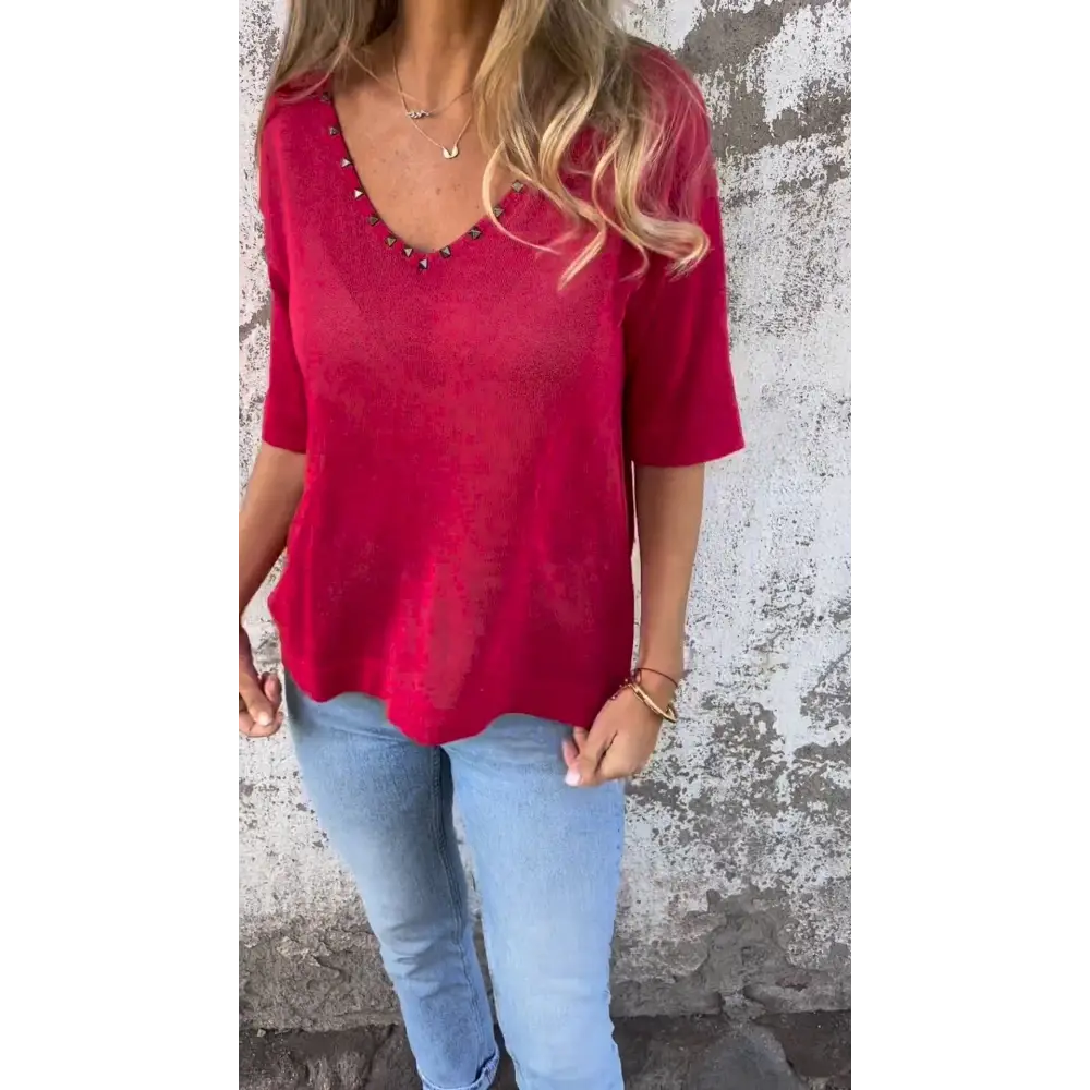 Rhinestone-Embellished V-Neck Blouse – Thalia – Red