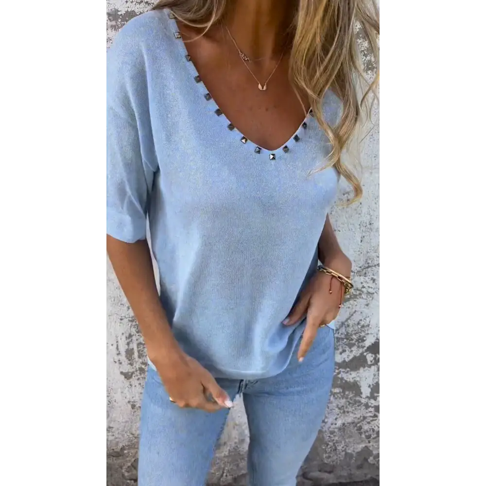Rhinestone-Embellished V-Neck Blouse – Thalia – Light Blue