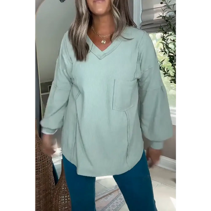 Solid Ribbed Knit V-Neck Blouse with Balloon Sleeves – Alma – view 2
