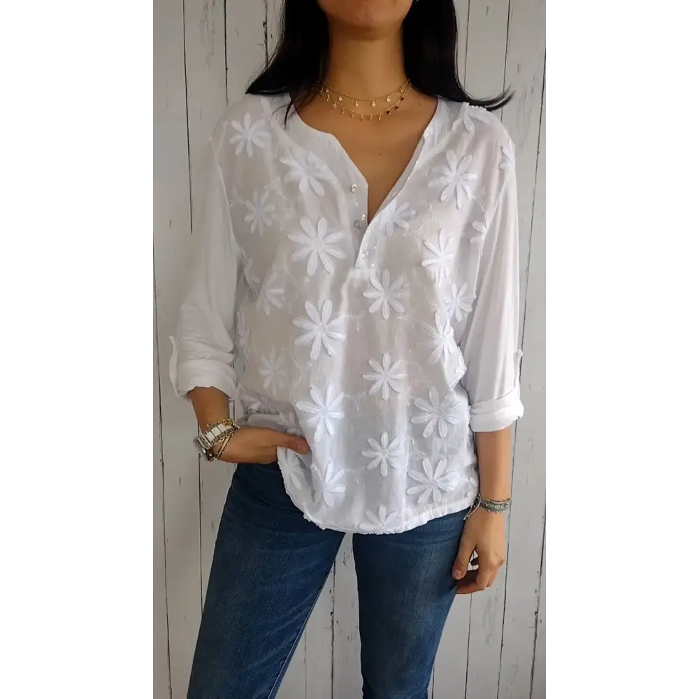 V-Neck Blouse with 3D Floral Detail and Elbow Sleeves – Zora – view 2