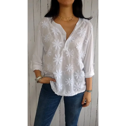V-Neck Blouse with 3D Floral Detail and Elbow Sleeves – Zora – view 2