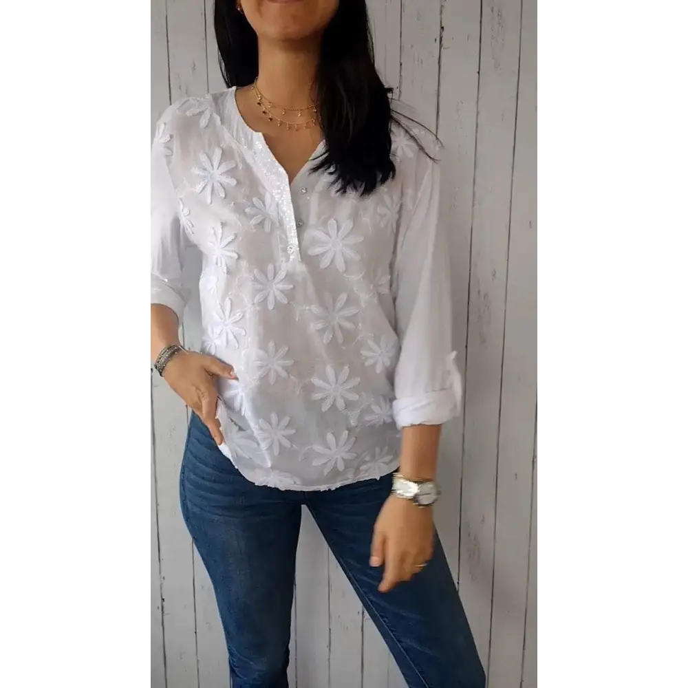 V-Neck Blouse with 3D Floral Detail and Elbow Sleeves – Zora