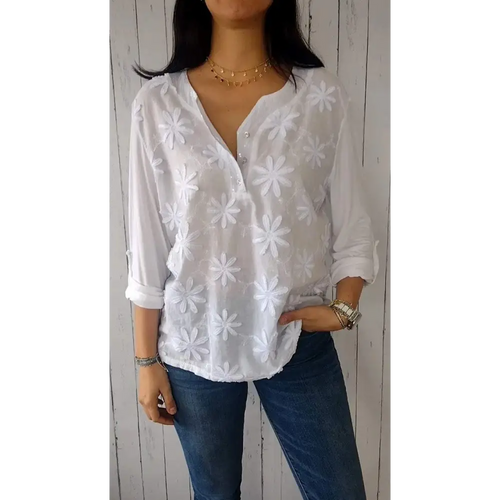V-Neck Blouse with 3D Floral Detail and Elbow Sleeves – Zora – White