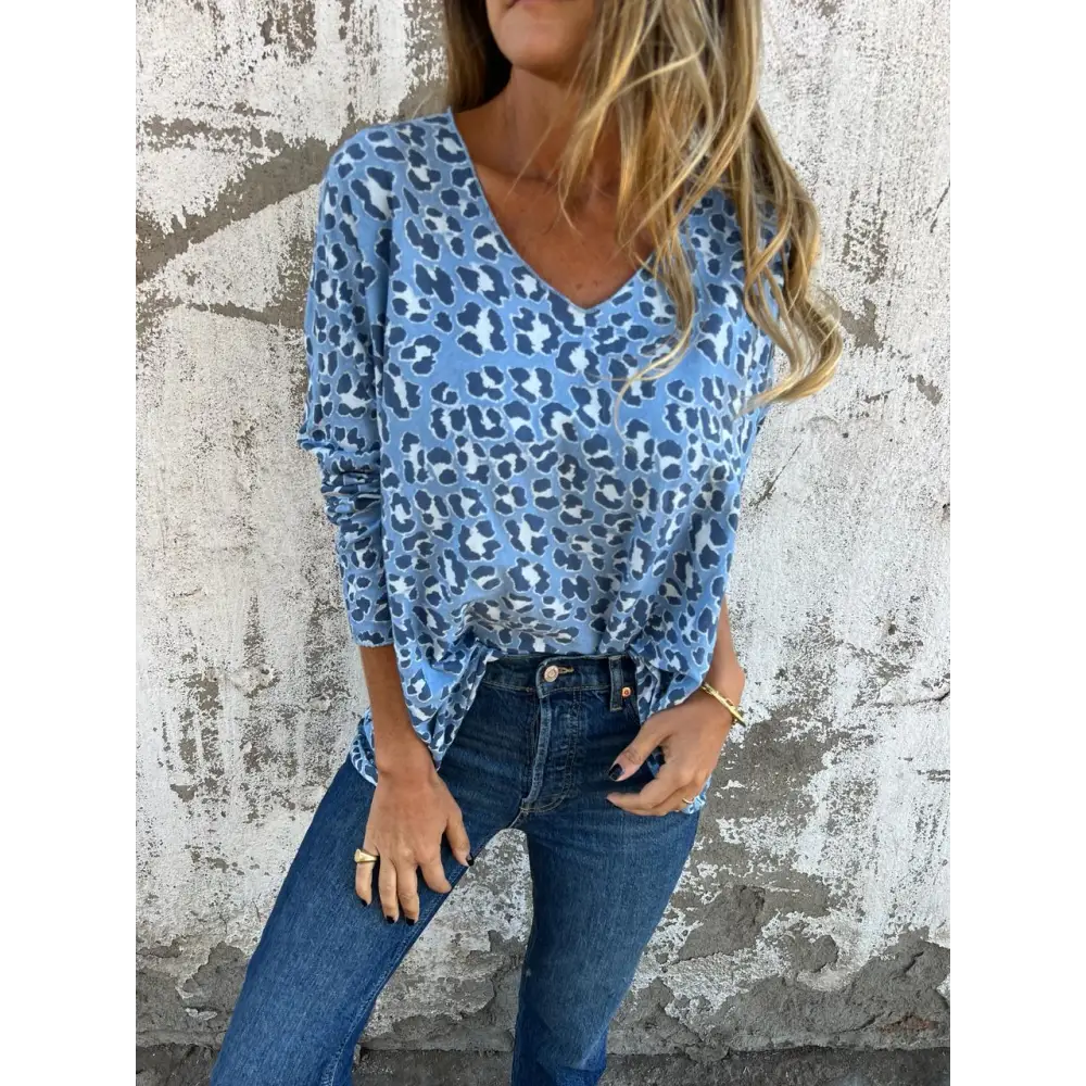 Leopard-Print V-Neck Blouse – Elin – Blue