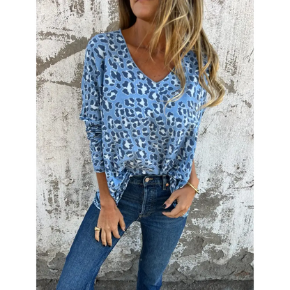 Leopard-Print V-Neck Blouse – Elin – Blue