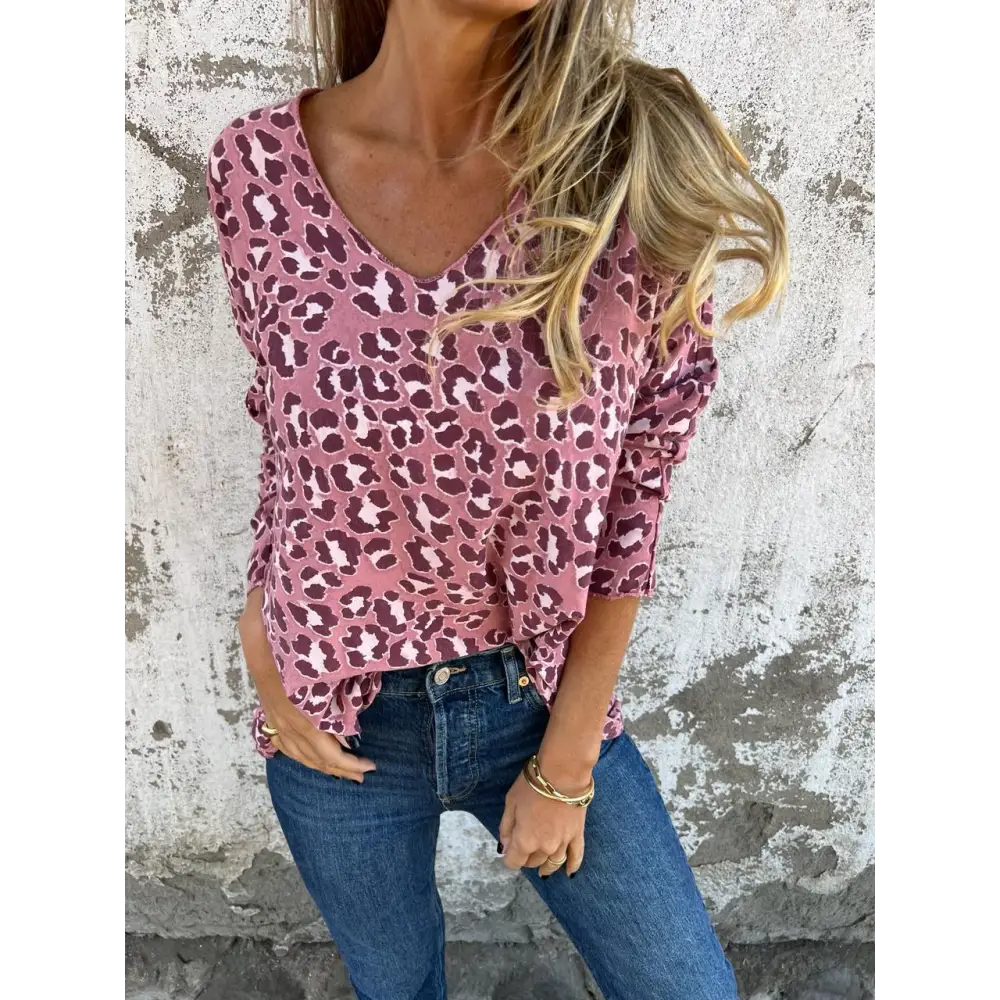 Leopard-Print V-Neck Blouse – Elin – Pink