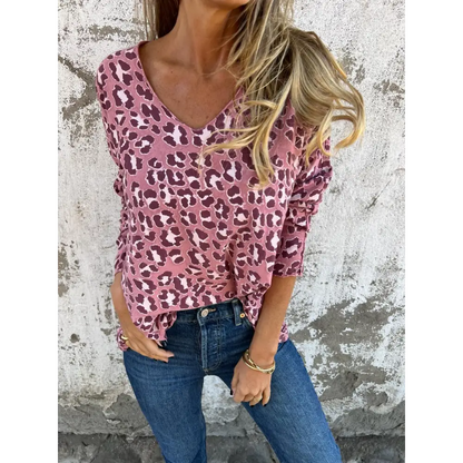 Leopard-Print V-Neck Blouse – Elin – Pink