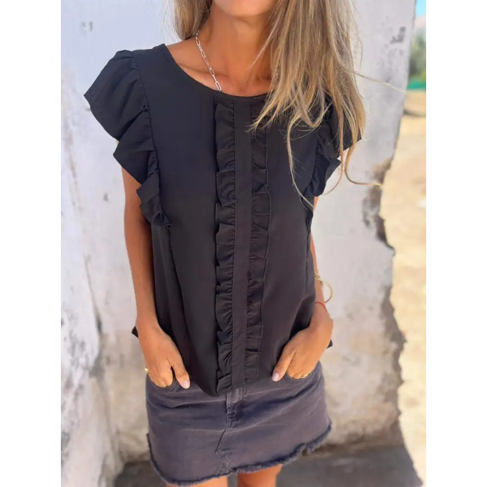Crewneck Tank with Symmetric Ruffles – Katrina – Black