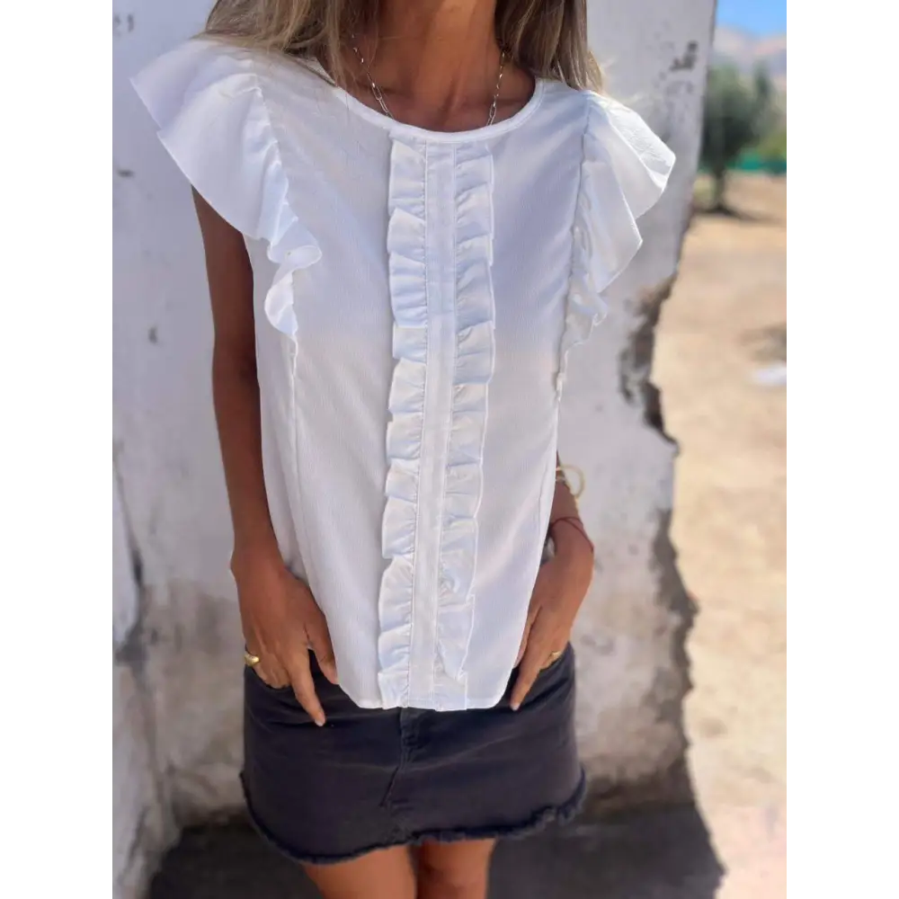 Crewneck Tank with Symmetric Ruffles – Katrina – White