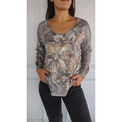 Printed Long-Sleeve Crewneck Blouse – Alice – Gray