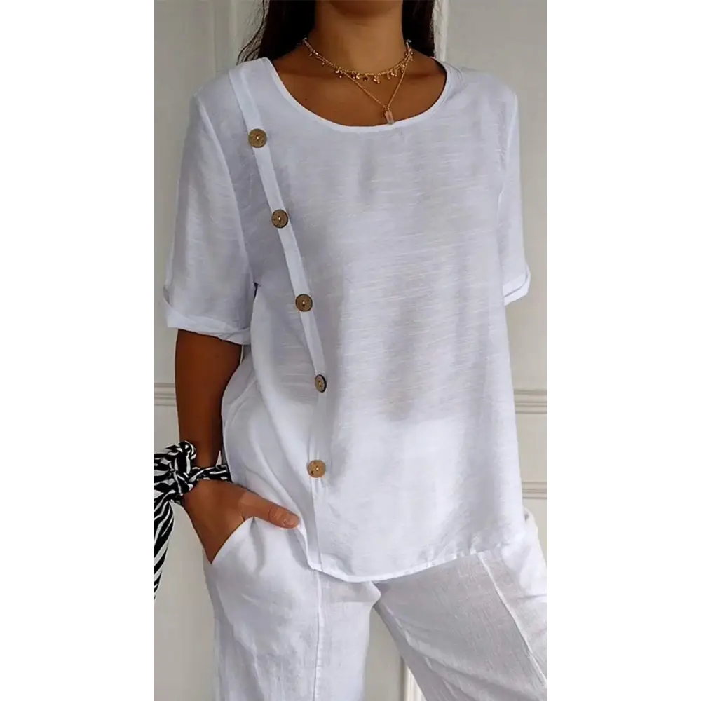 Short-Sleeve Crewneck Blouse with Side Buttons – Edith – White