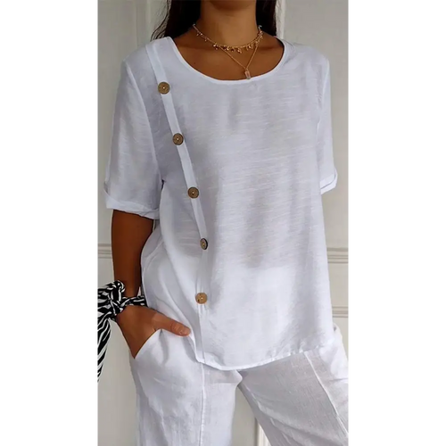 Short-Sleeve Crewneck Blouse with Side Buttons – Edith – White