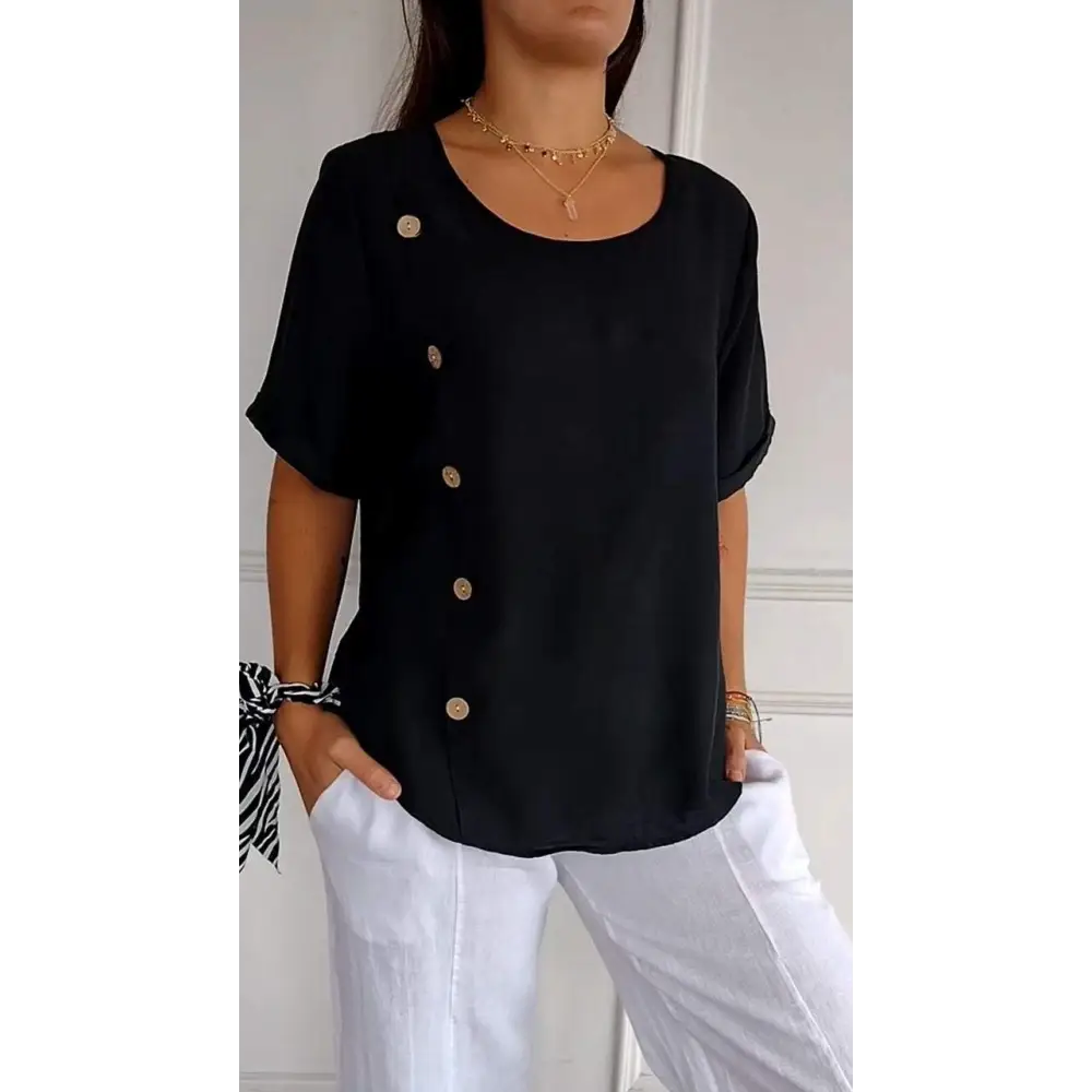 Short-Sleeve Crewneck Blouse with Side Buttons – Edith – Black