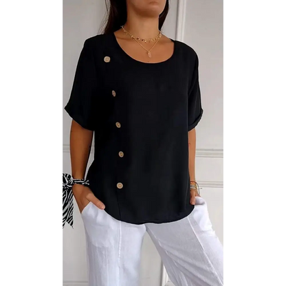 Short-Sleeve Crewneck Blouse with Side Buttons – Edith – Black