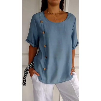 Short-Sleeve Crewneck Blouse with Side Buttons – Edith – Blue
