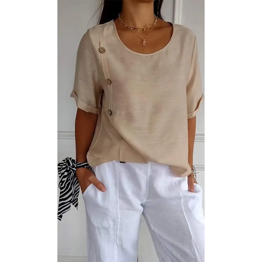 Short-Sleeve Crewneck Blouse with Side Buttons – Edith – Apricot