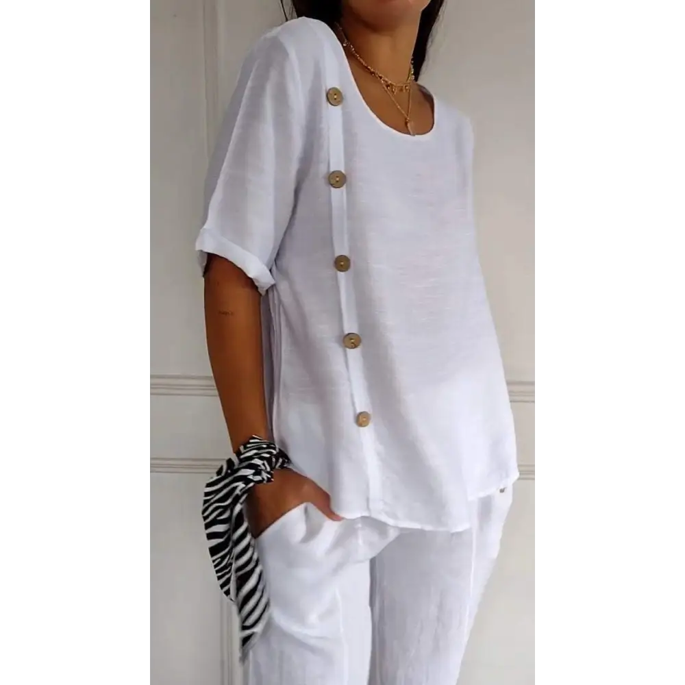 Short-Sleeve Crewneck Blouse with Side Buttons – Edith