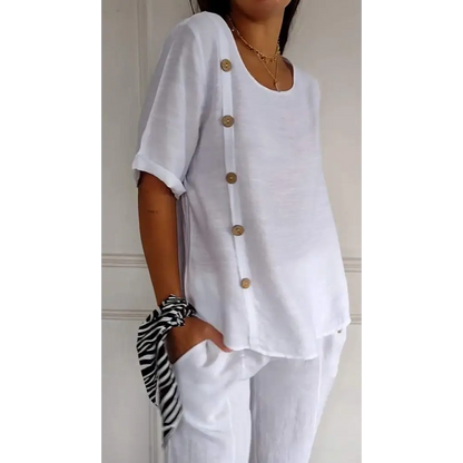 Short-Sleeve Crewneck Blouse with Side Buttons – Edith