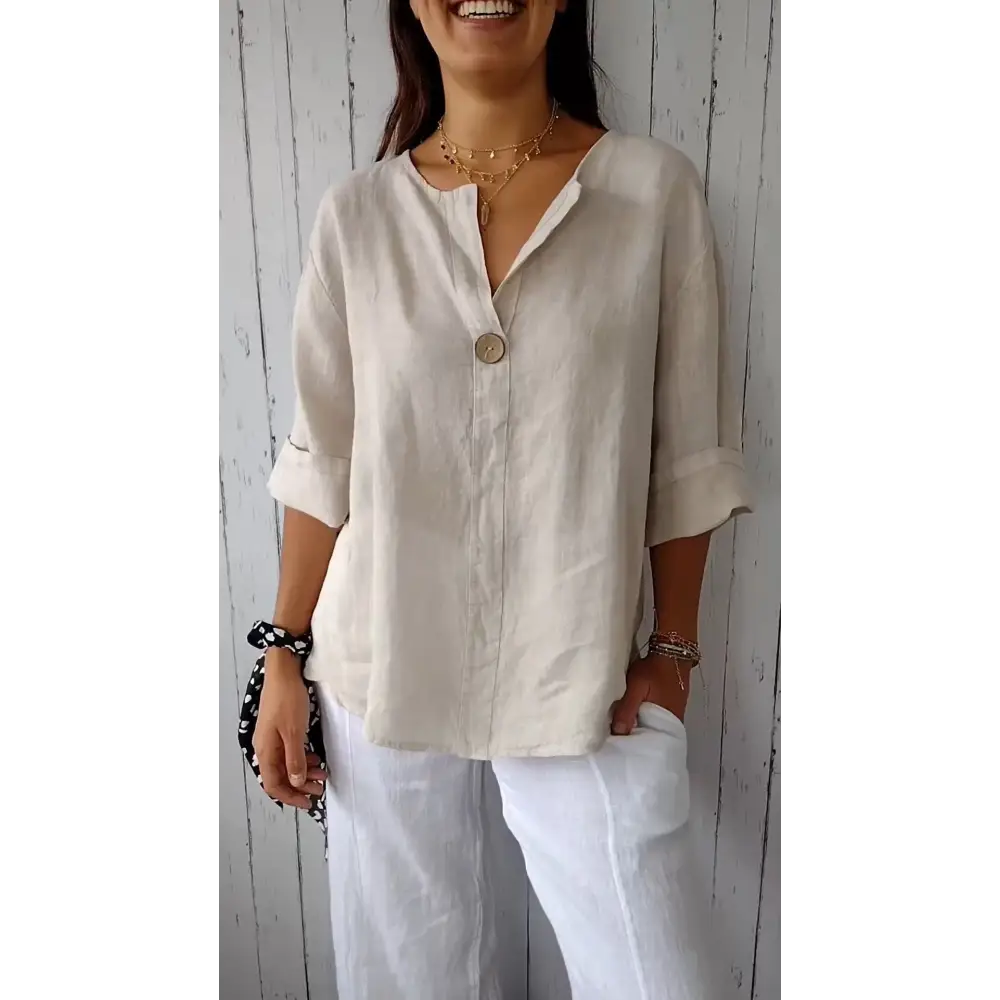 Comfort Cotton-Linen V-Neck Blouse – Fiona – Apricot