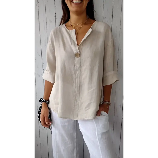 Comfort Cotton-Linen V-Neck Blouse – Fiona – Apricot
