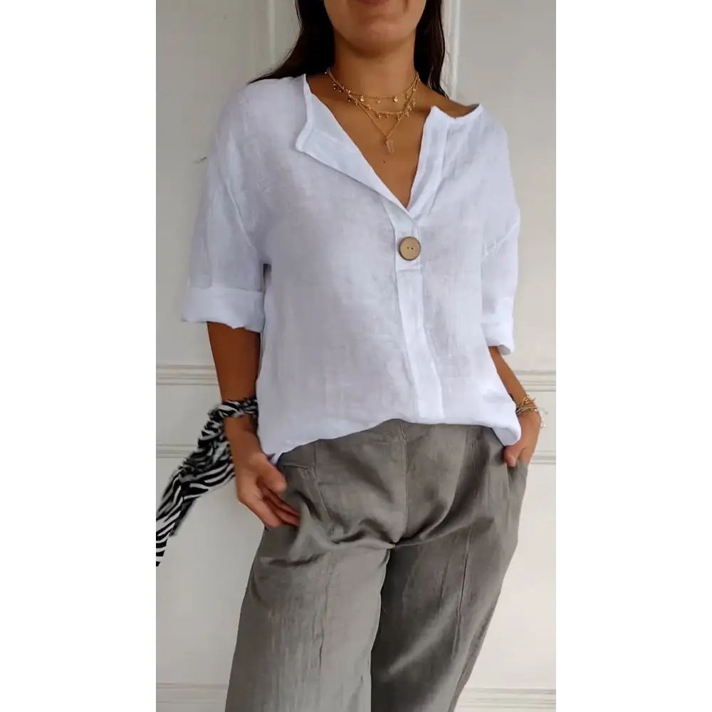 Comfort Cotton-Linen V-Neck Blouse – Fiona – White