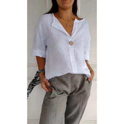 Comfort Cotton-Linen V-Neck Blouse – Fiona – White