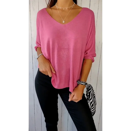 Comfort Long-Sleeve V-Neck Blouse – Penelope – Pink