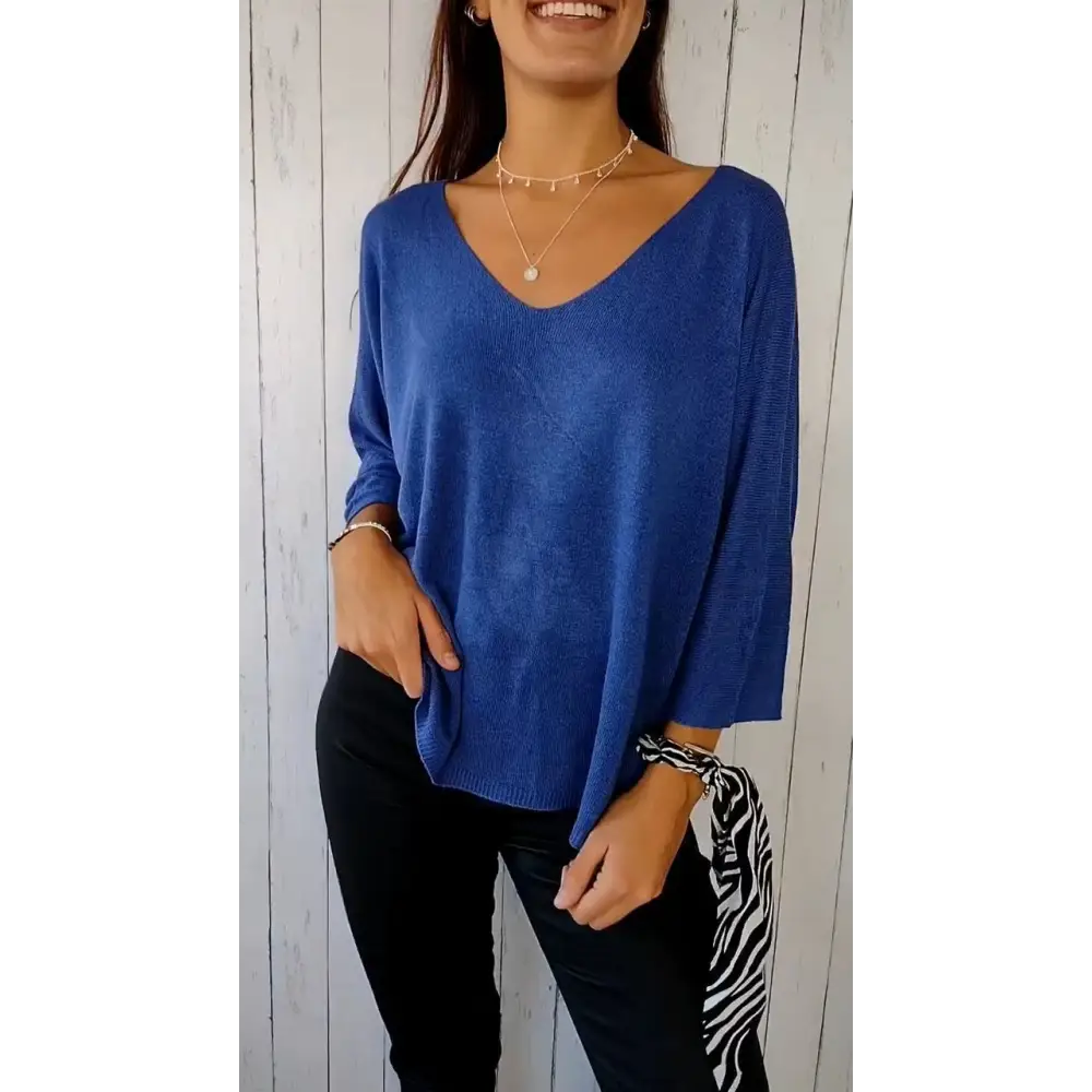 Comfort Long-Sleeve V-Neck Blouse – Penelope – Blue